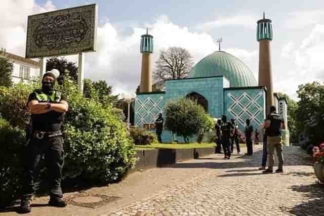 A Germany military guard outside the 'Blue Mosque' in Hamburg.